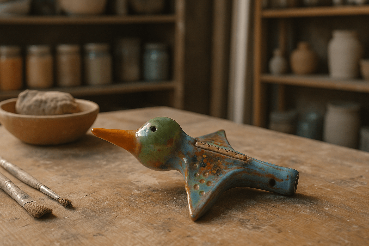 Pieza de arcilla de baja temperatura sobre mesa de taller